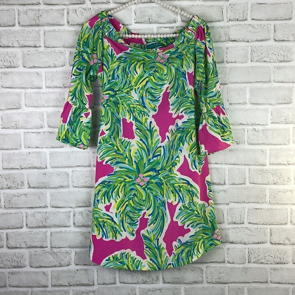 Southern Frock Print Dress Green Pink Size XS Resort Travel Vacation Wear